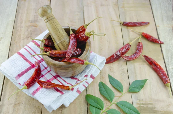Red chillies with mortar and pestle