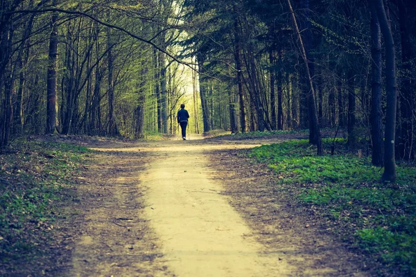 Woman walking  in forest.