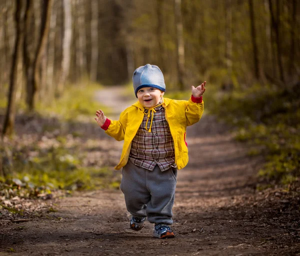 Baby boy playing outdoor in autumn or spring scenery.