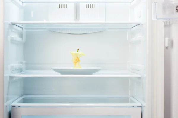 Apple core on white plate in open empty refrigerator