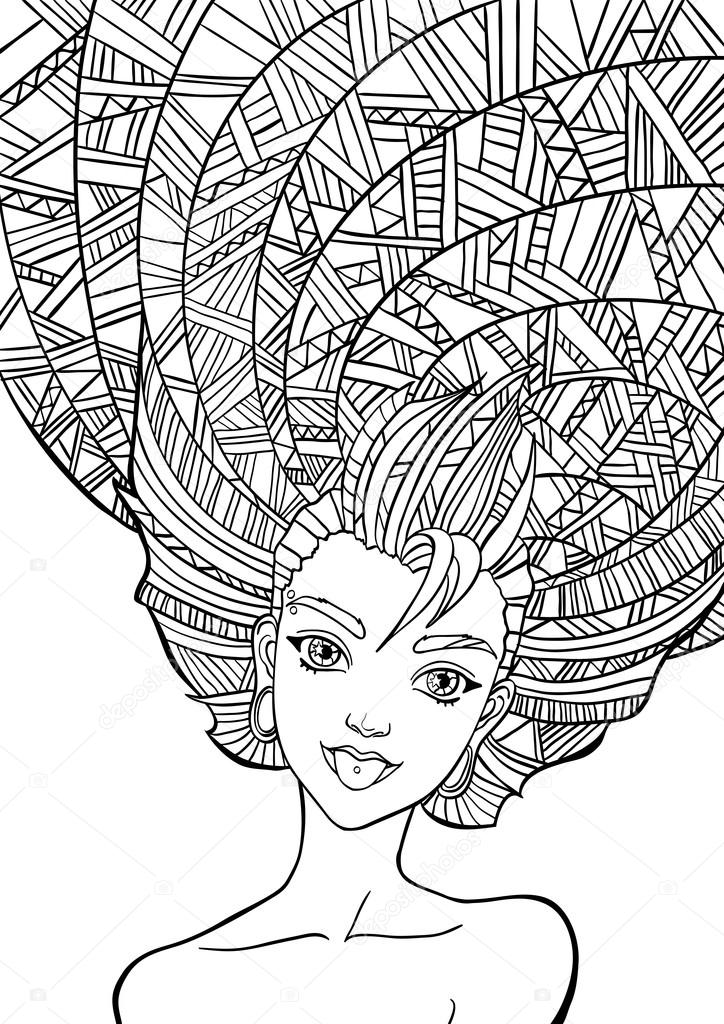 Imprimer pour le livre de coloriage adulte. Portrait d'une belle jeune
