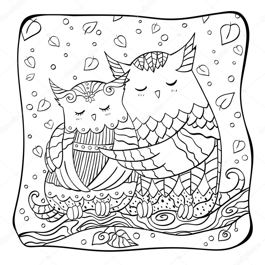 Owls in love. Design for Valentine's day. Coloring page for adults and