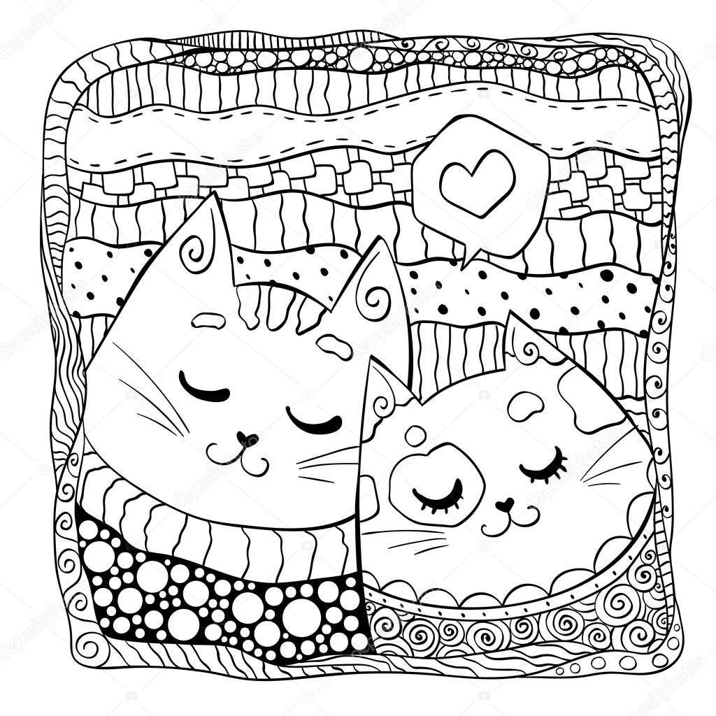 Illustration pour le livre   colorier Chats amoureux Design pour la Saint Valentin Coloriage pour adultes et enfants La main illustration dessinée en