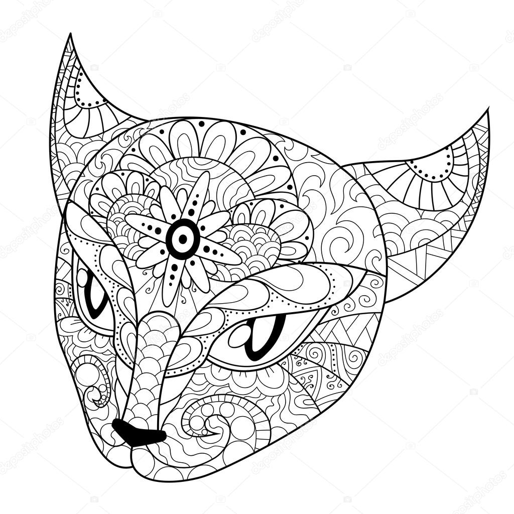 Coloriage Tªte de chat avec différents ornements — Image Coloriage Tªte de chat avec différents ornements – Illustration