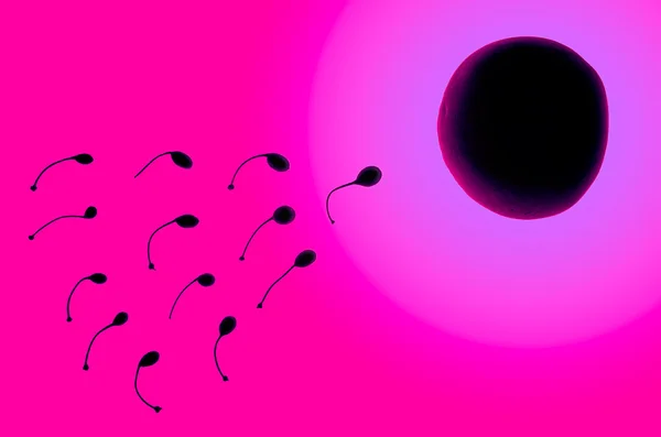 Abstract scene of fertilization performed of food. Magenta light illuminates pink background