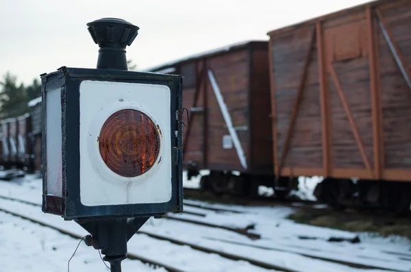 Traditional railway station with iron switch in Russian train museum