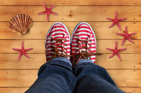 Shoes with red and white stripes, with starfish and sea shells