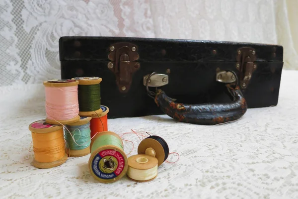Vintage Thread Spools and Tailors Kit Suitcase