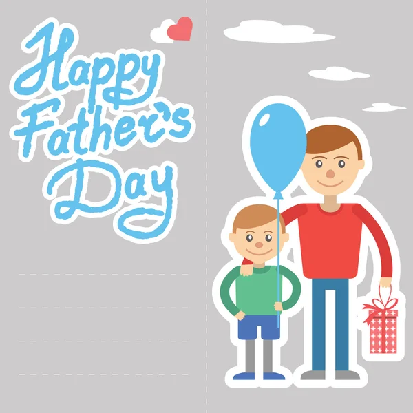 Father and son vector illustration for father day holiday postcard with lettering. Son and father with box and balloon.