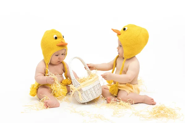 Two babies in chicken costumes