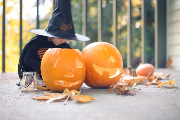 Little girl in a costume of a witch sitting near two pumpkins and a lantern