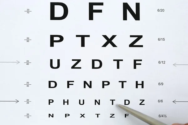 Silver ballpoint pen pointing to letter in eyesight check table