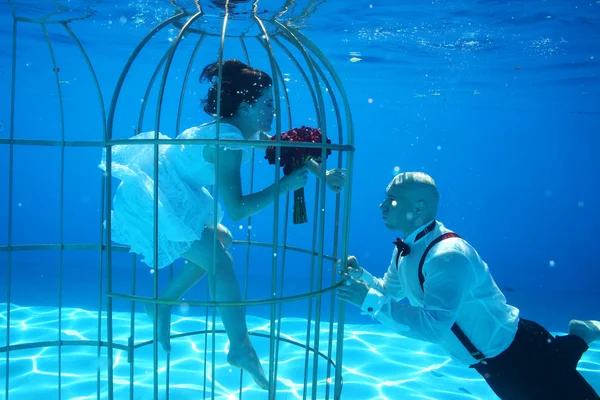 Beautiful bride and groom having fun underwater in birdcage