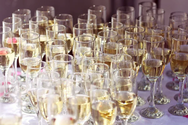 Many glasses filled with champagne at wedding reception