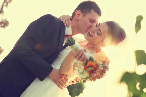 Beautiful bride and groom embracing and kissing on wedding day in beautiful sunlight