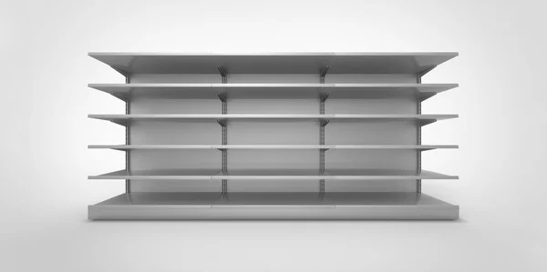 Empty black metal silver chrome retail store shelves on a plain background