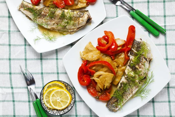Grilled gray mullet fish with sweet and sour vegetables : stewed