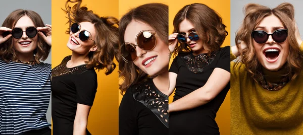 Collection of Cool fashion portrait amazing girl in large round mirrored sunglasses