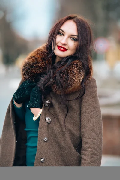 Beautiful girl in a dress and coat with a fur collar. Elegant bright make-up, red lips, looking at the camera
