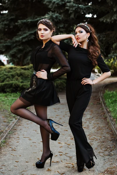 Two young beautiful fashionable woman in black clothes posing for the photographer. Headbands on the head, in the ears of stylish earrings. Expensive jewelry. curly hairstyles.