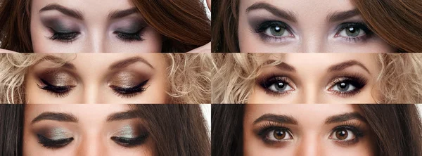 The collage closed and open eyes with different makeup. Bright makeup, cosmetics, mascara, eyeshadow. Beauty and fashion.