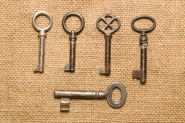 A lot old keys to the safe on a very old cloth