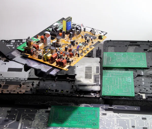 Electronic board with radio components at electronics plant conveyor