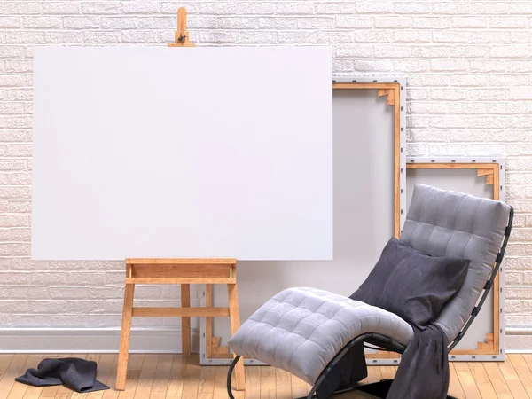 Mock up canvas frame with grey easy chair, easel, floor and wall. 3D render