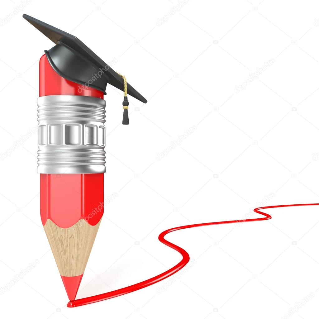 Lápiz rojo con un gorro de graduación dibujo línea roja. Concepto de educación. 3D