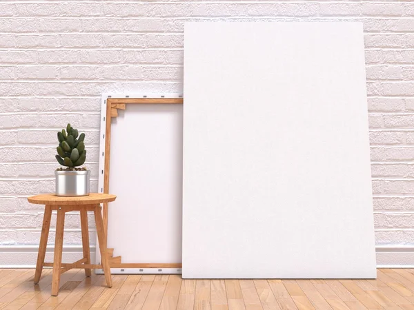 Mock up canvas frame with plant, floor and wall. 3D render