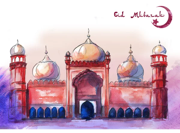 Happy Eid, Eid Mubarak beautiful greeting card, horizontal arrangement, With Pink and Purple watercolor art background. Muslim mosque hand drawn illustration for your design. Eid al-Adha selebration