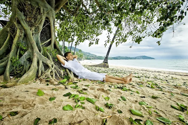 A man sleeping under a palm tree on the beach