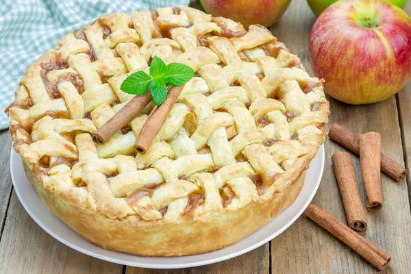 Homemade delicious apple pie with lattice pattern