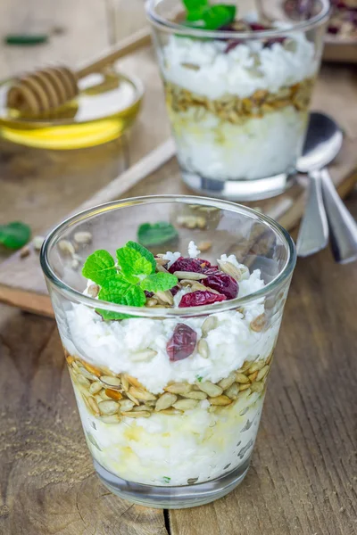 Ricotta cheese dessert with honey, sunflower seeds and mint, garnished with dry cranberries