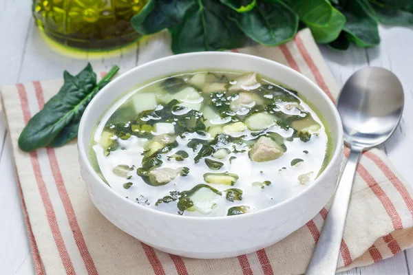 Healthy green soup with spinach meat, potato and egg (green borscht)