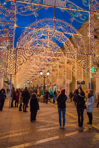 MOSCOW, RUSSIA - JANUARY 25, 2016: Nikolskaya street, Decoration and illumination for New Year and Christmas holidays night