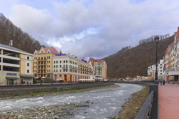ROSA KHUTOR, RUSSIA - MARCH 27, 2016: Msrch view on ski resort of world class Rosa Khutor built for the 2014 Olympic Games