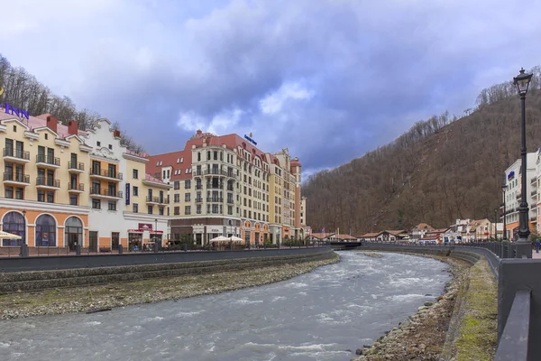 ROSA KHUTOR, RUSSIA - MARCH 27, 2016: Msrch view on ski resort of world class Rosa Khutor built for the 2014 Olympic Games