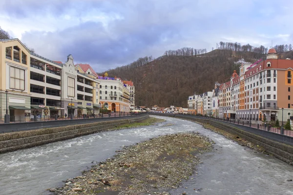 ROSA KHUTOR, RUSSIA - MARCH 27, 2016: Msrch view on ski resort of world class Rosa Khutor built for the 2014 Olympic Games