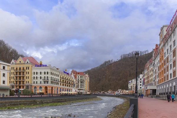 ROSA KHUTOR, RUSSIA - MARCH 27, 2016: Msrch view on ski resort of world class Rosa Khutor built for the 2014 Olympic Games