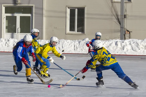 RUSSIA, OBUKHOVO - JANUARY 10, 2015: 2-nd stage childrens hockey League bandy, Russia.