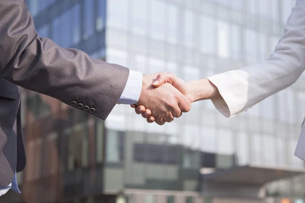 Business handshake between woman and man