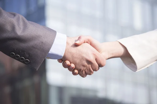 Business handshake between woman and man