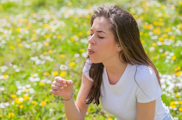 Woman blowing dandelion in park