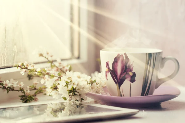 Hot drink cup beside window whith spring flower