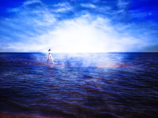 Beautiful young woman running on shining water and rising sun