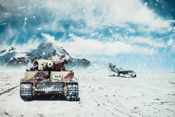 A moving tank on the background of combat aircraft in the winter season