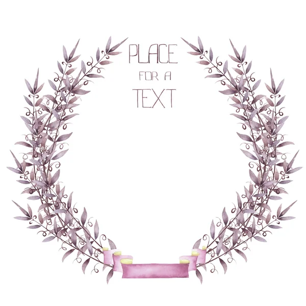 A wreath (circle frame) with the watercolor purple floral branches and a ribbon on a white background