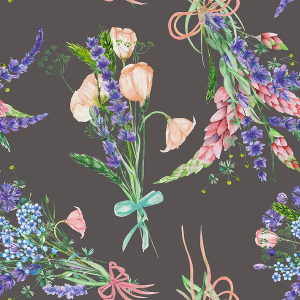 A seamless pattern with the watercolor beautiful bouquets of the tender pink and purple spring wildflowers on a dark background