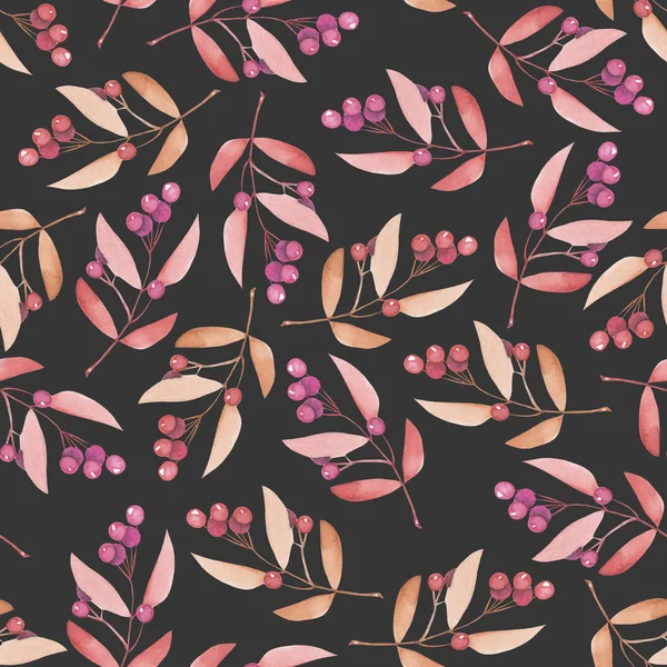 Seamless pattern with the red and orange berries, hand drawn in a watercolor on a dark background